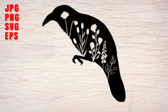 Crow Silhouette Bird Floral Design Art