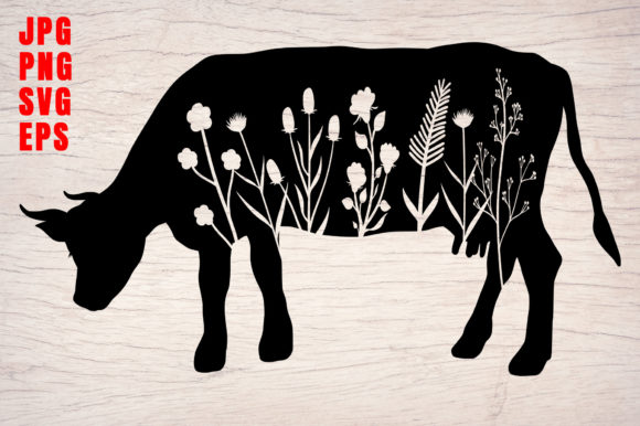Farm Animals Cow Silhouette Floral Art